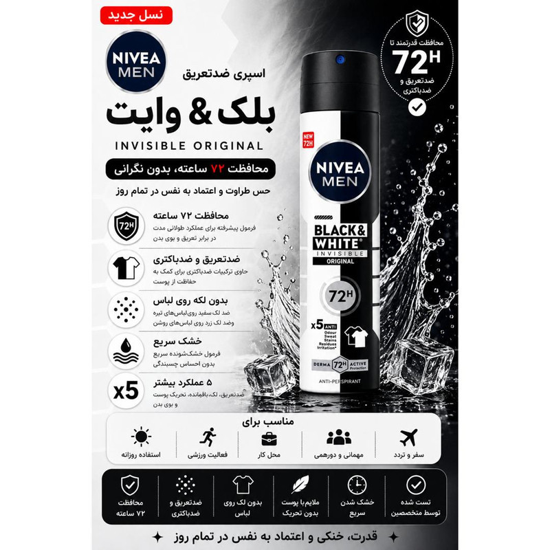 اسپری ضدتعریق مردانه نیوآ مدل 48H Black White Invisible Original حجم 200 میلی‌لیتر