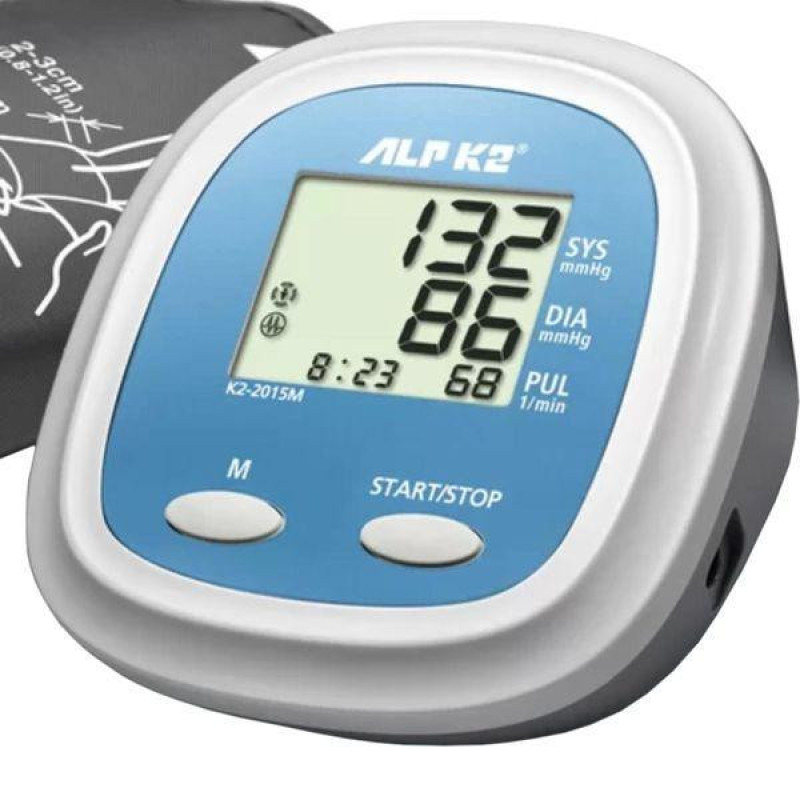 فشارسنج دیجیتال بازویی آلپیکادو مدل K2-2015M با دقت بالینی، نمایش ضربان قلب و آریتمی، حافظه 60 عدد، محاسبه میانگین، مناسب بازو 22 تا 42 cm، منبع انرژی برق و باتری، کیف حمل