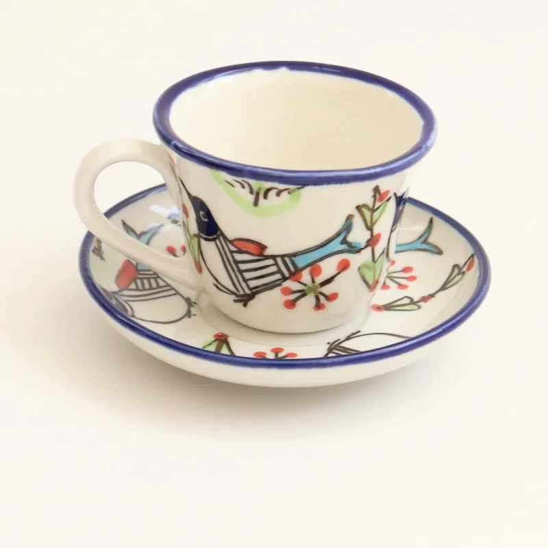 فنجان و نعلبکی قهوه چینی میبد مروارید مدل مرغی رنگی کد coffe