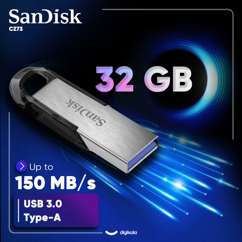 فلش مموری سن دیسک مدل CZ73 ظرفیت 32 گیگابایت با بدنه فلزی، رابط USB 3.0 و سرعت انتقال 150 مگابایت بر ثانیه، سازگار با ویندوز و مک و مناسب موبایل، تبلت، لپ‌تاپ و تلویزیون