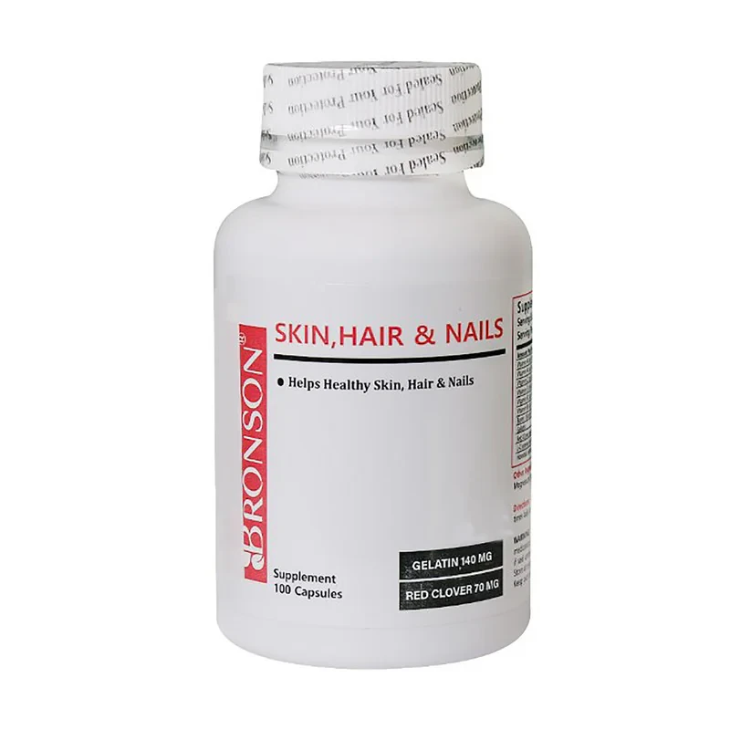 کپسول تقویت پوست، مو و ناخن برونسون مدل Hair Skin and Nails حاوی ویتامین‌های A، C، E و گروه B، بیوتین و عصاره هورستیل، پیشگیری از موهای غیرقابل شانه، کاهش چین و چروک و بهبود گردش خون، بسته 60 عددی