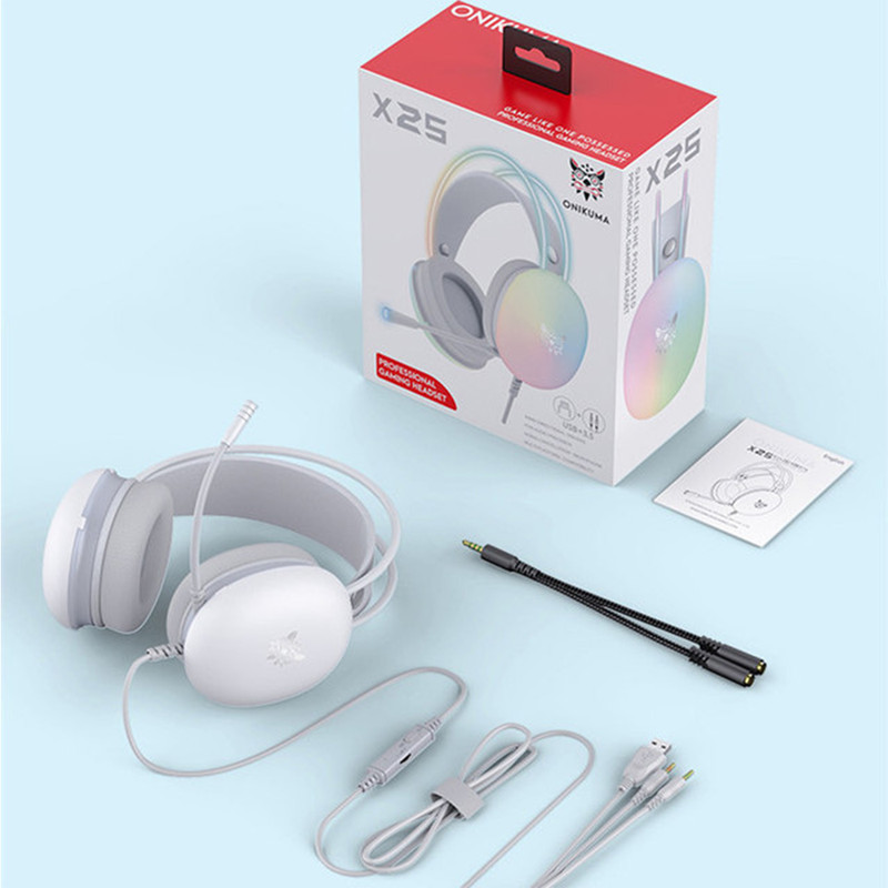 هدست گیمینگ اونیکوما مدل X25 RGB با نویز کنسلینگ میکروفون (ENC)، بدون قابلیت شارژ، اتصال از طریق جک 3.5 میلی متری صدا، دارای دکمه قطع و وصل میکروفون و دکمه کنترل صدا، طراحی ارگونومیک و بالشتک‌های نرم و قابل تنظیم، مقاوم در برابر رطوبت و عرق