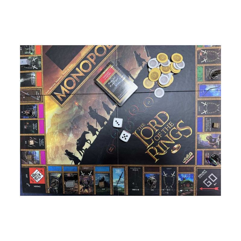 بازی فکری مونوپولی ارباب حلقه‌ها فکرآوران مدل Monopoly بازی استراتژیک 2 تا 6 نفره با کنترل حلقه قدرت، نقش‌آفرینی، جمع‌آوری امتیاز و مدت زمان بیش از یک ساعت مناسب 8 سال به بالا