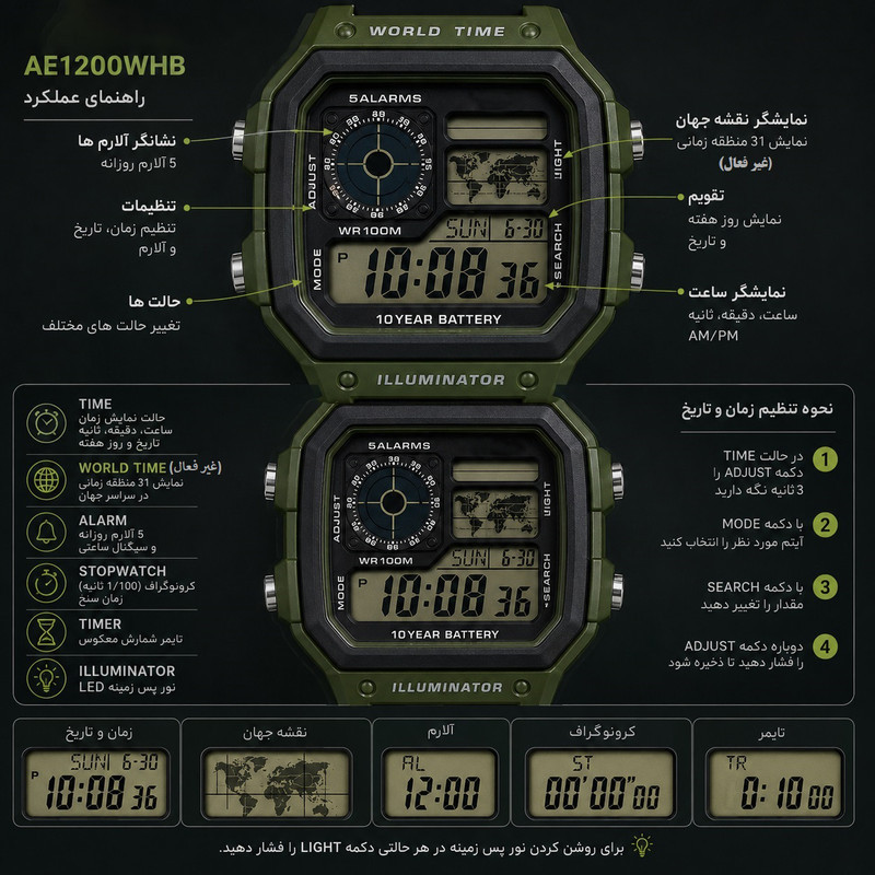 ساعت دیجیتال جهان نما موتور ژاپن مدل AE-1200WHB