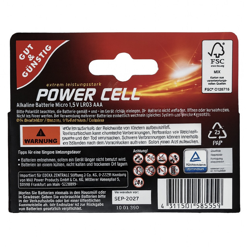 باتری نیم قلمی پاور سل مدل LR03 AAA 1.5V Alkaline بسته 10 عددی