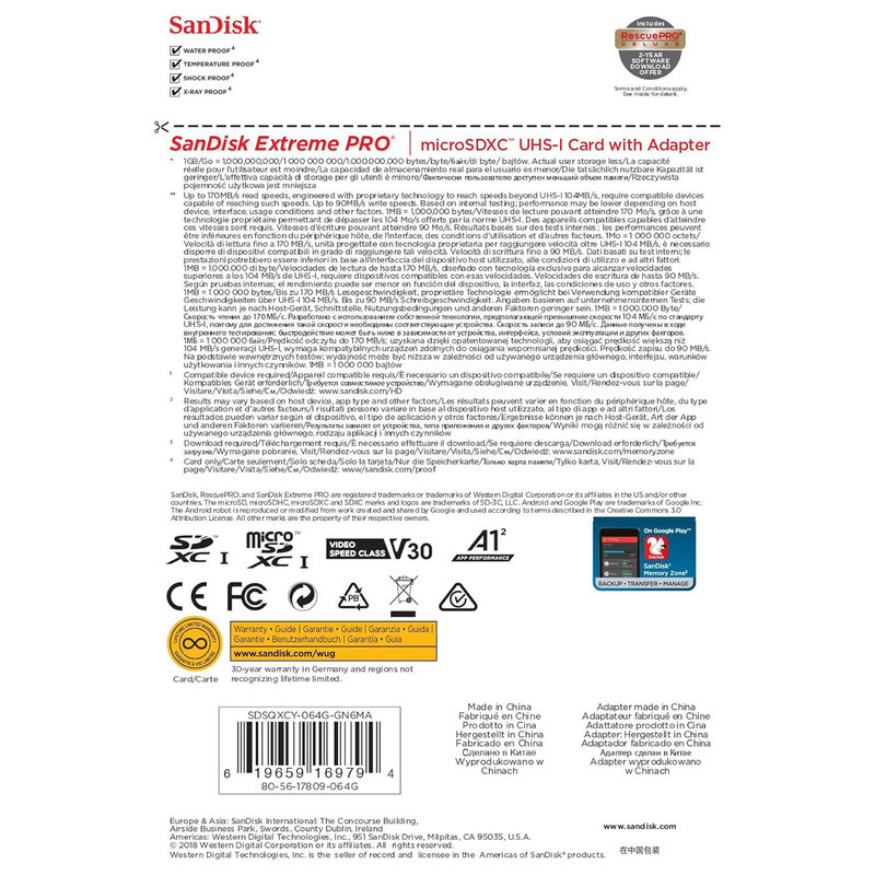 کارت حافظه microSDXC سن دیسک مدل Extreme PRO کلاس A2 استاندارد UHS-I U3 سرعت 170MBps ظرفیت 64 گیگابایت