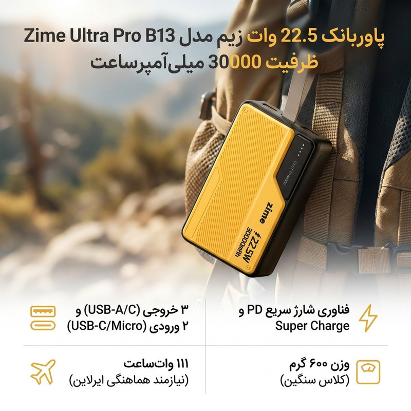 پاوربانک 22.5 وات زیم مدل Ultra Pro B13 ظرفیت 30000 میلی‌آمپرساعت