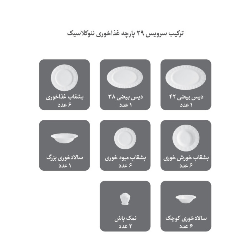 سرویس غذاخوری 29 پارچه چینی زرین ایران مدل نئوکلاسیک النور درجه عالی