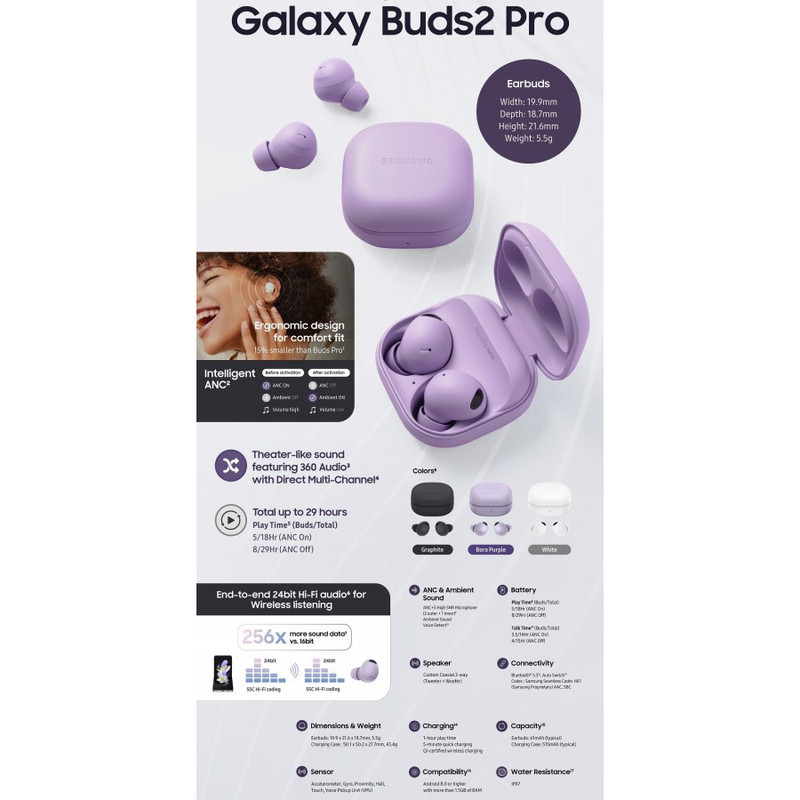 هدفون بلوتوثی سامسونگ مدل Galaxy Buds2 Pro با نویز کنسلینگ فعال (ANC)، درگاه شارژ USB Type-C، دارای میکروفون سه‌گانه، مقاوم در برابر رطوبت و عرق، مجهز به سنسور شتاب‌سنج و مقاومت در برابر آب IPX7
