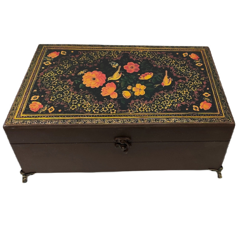 جعبه پذیرایی پایه‌دار P2030 چوبی 6 قسمتی دست‌ساز با پتینه و دکوپاژ، ابعاد 20×30×13 سانتی‌متر، ارتفاع بدون محاسبه پایه 10 سانتی‌متر