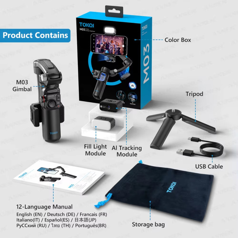 گیمبال و استابیلایزر هوشمند توکی مدل M03 AI 3-Axis به همراه دوربین دنبال کننده و میکروفون و فلش