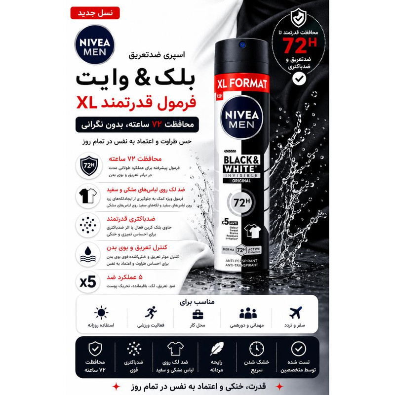 اسپری ضدتعریق مردانه نیوآ مدل 72H Black  White Invisible Original XL Format حجم 200 میلی‌لیتر