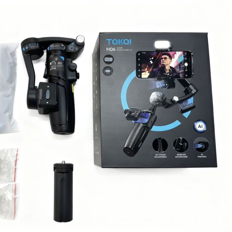 گیمبال و استابیلایزر هوشمند توکی مدل M06 AI 3-Axis به همراه دوربین دنبال کننده و میکروفون و فلش