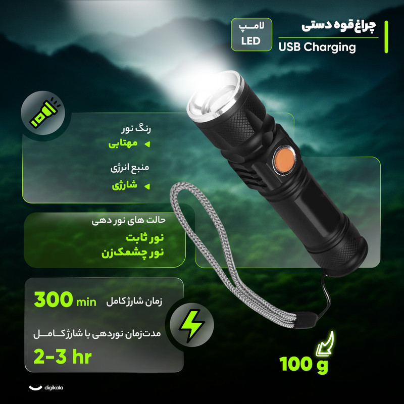چراغ قوه شارژی مدل USB Charging