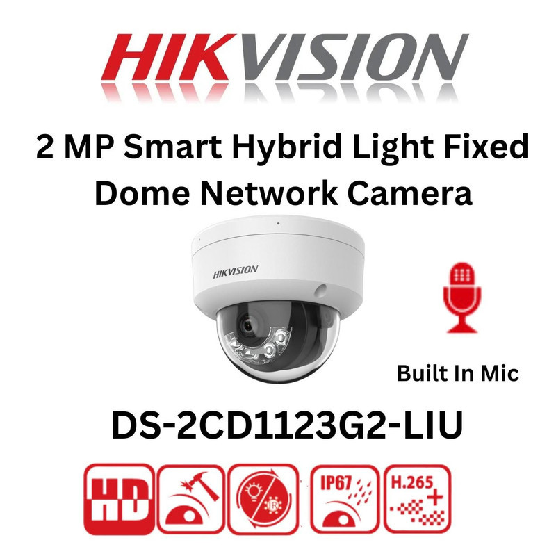 دوربین مداربسته دام تحت شبکه هایک ویژن مدل DS-2CD1123G2-LIU با رزولوشن 2 مگاپیکسل، لنز ثابت 2.8 یا 4 میلی‌متر، دید در شب تا 30 متر با نور سفید، میکروفن داخلی، قابلیت بزرگنمایی دیجیتال و ماسک محدوده حریم شخصی