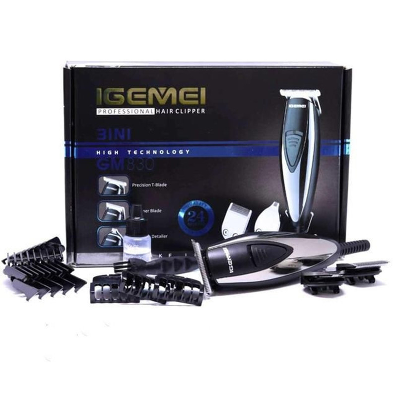 ماشین اصلاح موی صورت جیمی مدل GM830 با تیغه استیل ضد زنگ، برش مستقیم، قابلیت تنظیم سرعت، همراه 7 شانه اصلاح از 0.2 تا 9 میلی‌متر و منبع تغذیه برق با سیم