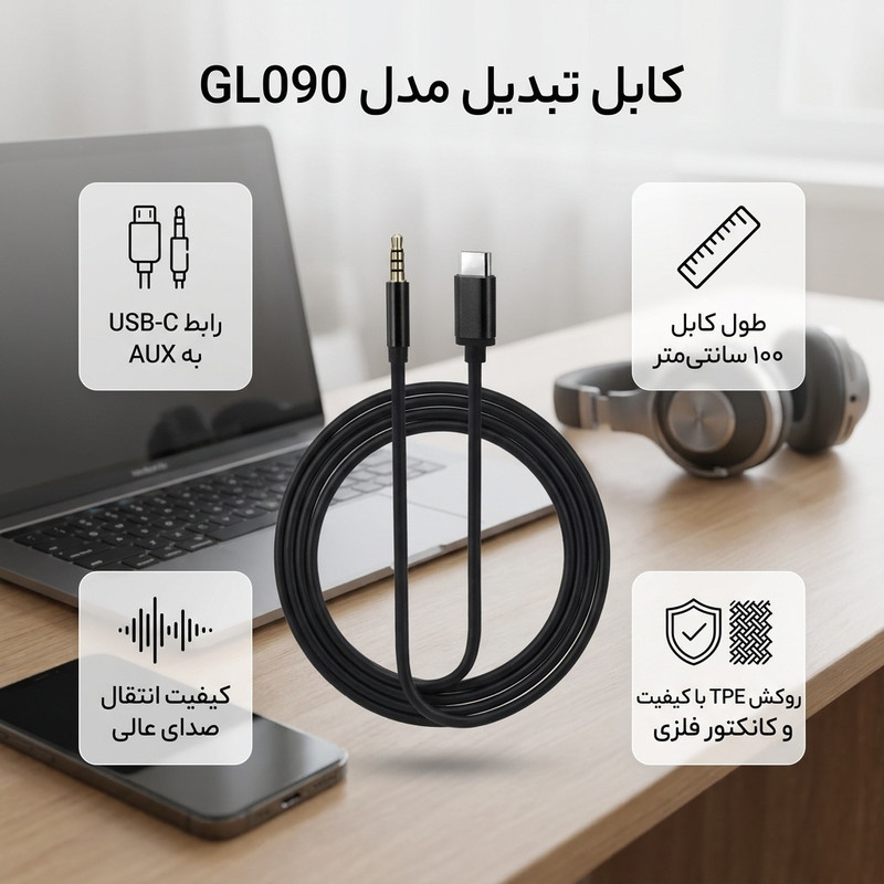 کابل تبدیل  USB-C به AUX مدل GL090 طول 1 متر