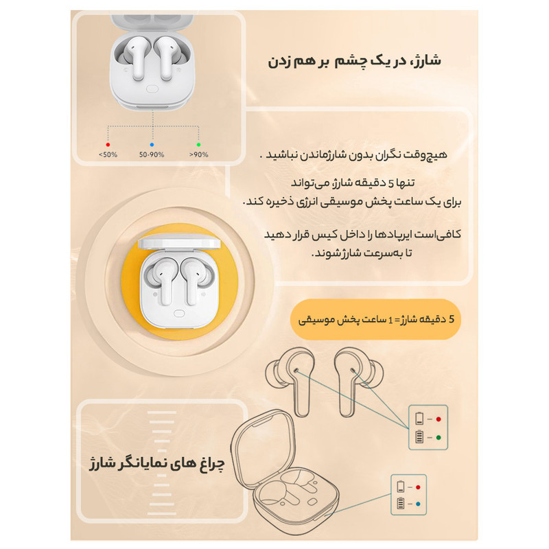 هدفون بلوتوثی کیو سی وای مدل T13 TWS با نویز کنسلینگ میکروفون (ENC)، درگاه شارژ USB Type-C، دارای میکروفون دوگانه، دارای قابلیت جداسازی صدا، مقاوم در برابر رطوبت و عرق