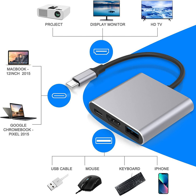 مبدل USB-C به USB-C  USB 3.0  HDMI 4K  مدل Adapter 3 in1