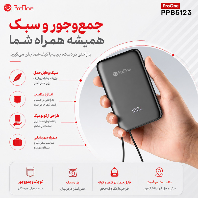 پاوربانک بی‌سیم 22.5 وات پرووان مدل POWER CORE PPB5123 ظرفیت 10000 میلی‌آمپرساعت