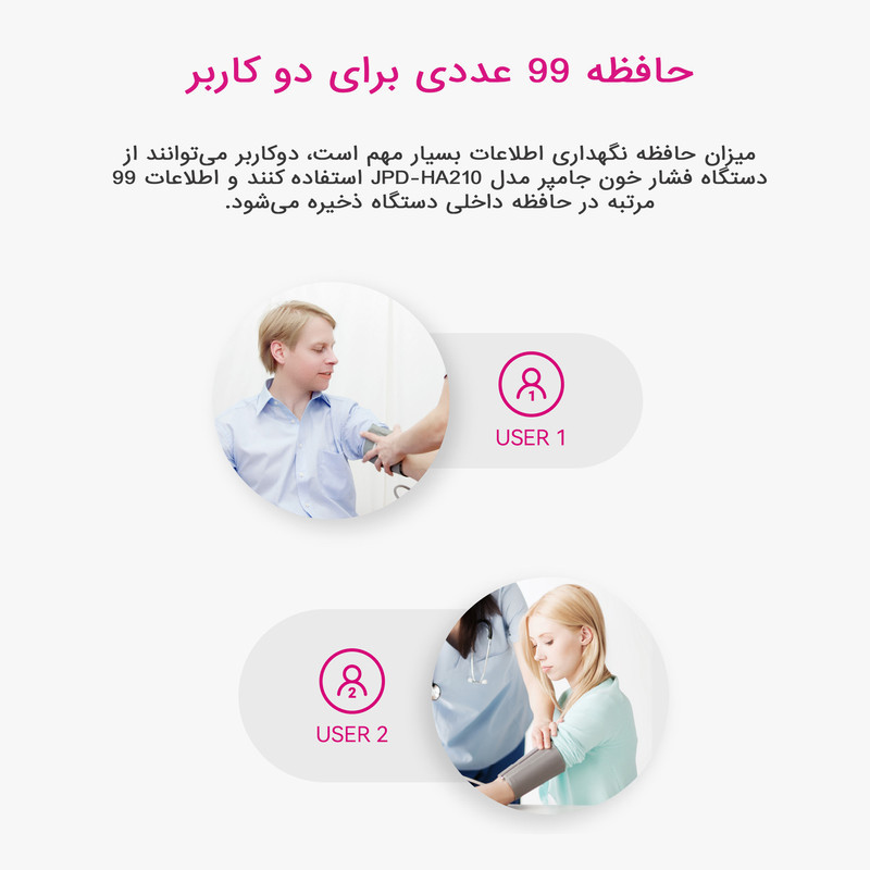 فشارسنج بازویی دیجیتال جامپر مدل JPD-HA210 با حافظه 188 رکورد برای 2 کاربر، نمایش میانگین نتایج، تشخیص آریتمی، اعلان صوتی، خاموشی خودکار و منبع تغذیه باتری و برق