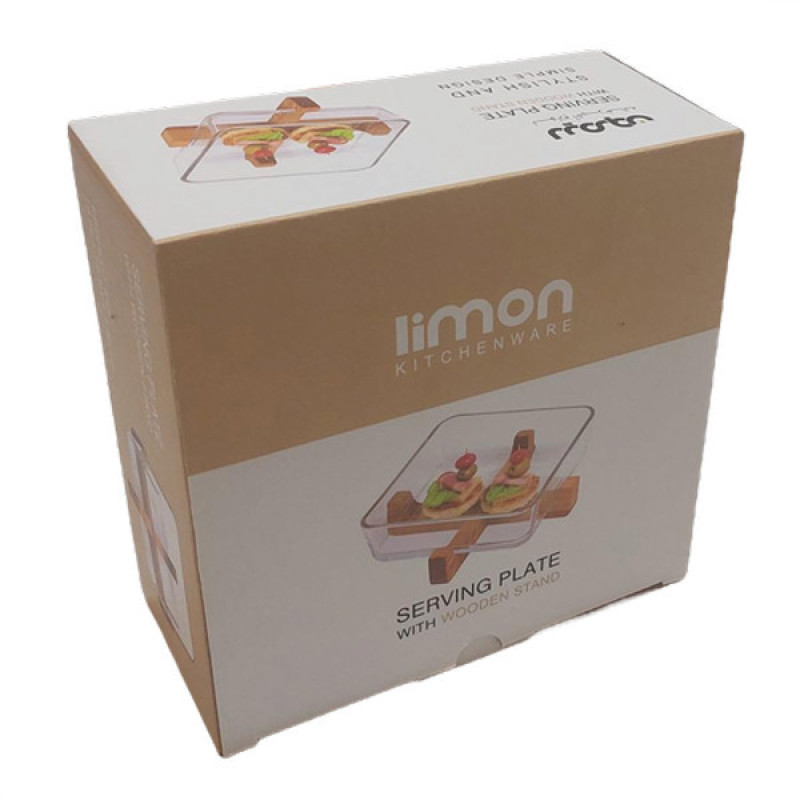 ظرف سرو شیشه‌ای بلوری مربعی HS5 با پایه چوبی مقاوم، ابعاد 19.5×19.5×7.5 سانتی‌متر، مناسب آجیل، میوه و دسر، قابل شستشو با دست یا ماشین ظرفشویی