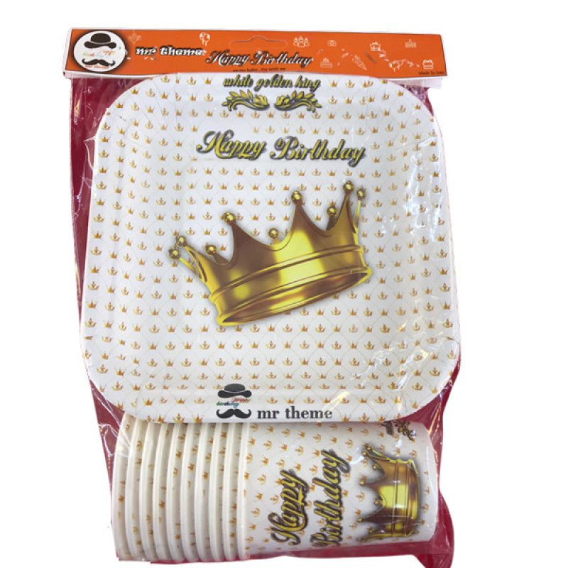 پیش دستی و لیوان یکبارمصرف مسترتم طرح تاج طلایی سفید پلاس بسته 20 عددی
