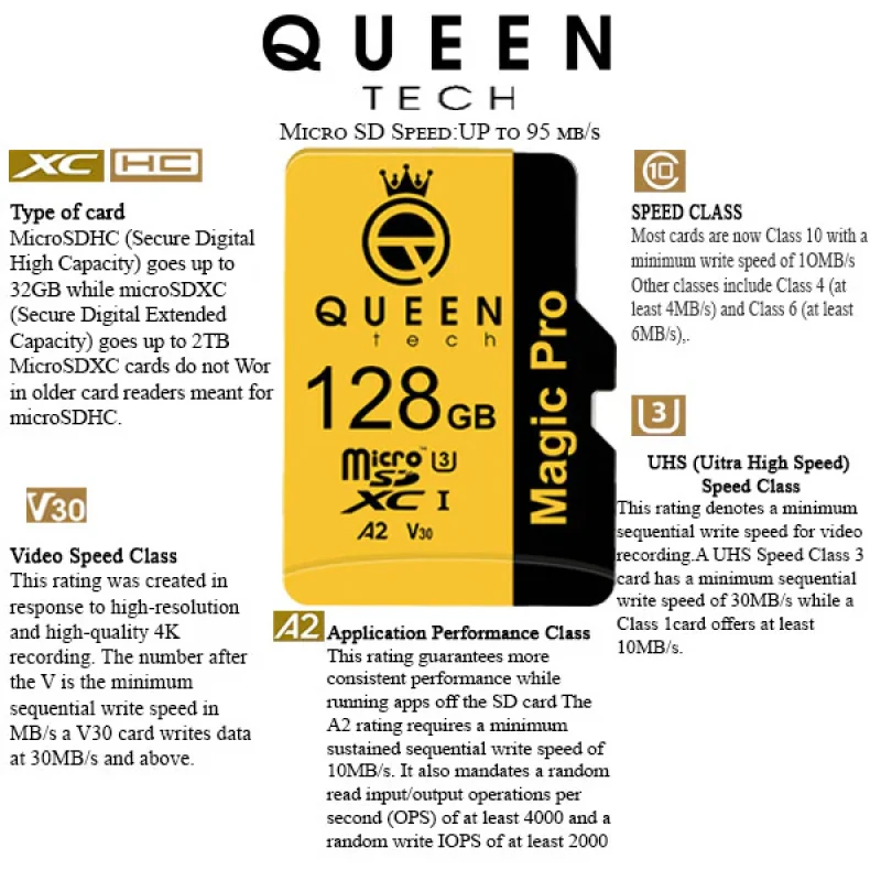 کارت حافظه Micro SD XC کوئین تک مدل A2-V30-633X کلاس 10 استاندارد UHS-l U3 سرعت 95MBps ظرفیت 128 گیگابایت به همراه آداپتور SD