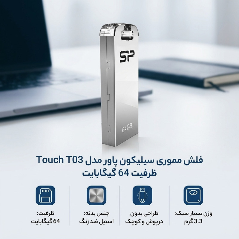 فلش مموری 64GB سیلیکون پاور مدل Touch T03 با بدنه استیل ضدزنگ، مقاوم در برابر نفوذ مایعات، لرزش و غبار، اتصال USB 2.0 و طراحی کوچک مناسب استفاده همراه و اتصال به جاسوییچی