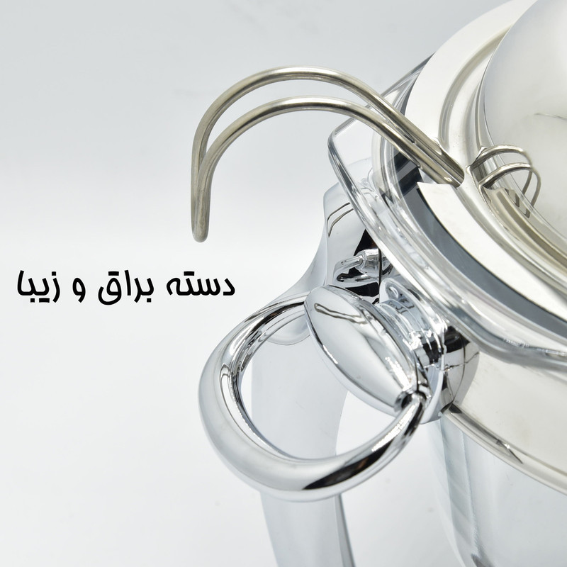 سوپ‌خوری شیشه‌ای با درپوش و پایه استیل، همراه با ملاقه، قابل شستشو با دست و ماشین ظرفشویی