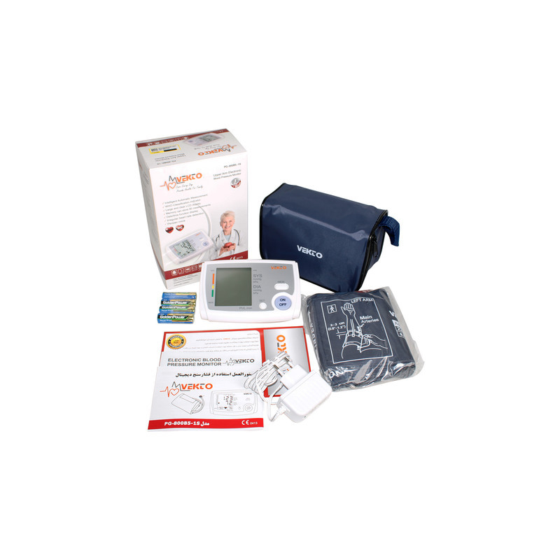 فشارسنج دیجیتال بازویی وکتو مدل PG-800B5-1S با تکنولوژی نوسان‌سنجی، مناسب بازو 22 تا 32 سانتی‌متر، منبع تغذیه برق و باتری، هشدار باتری ضعیف و اشتباه بستن بازوبند، همراه با آداپتور و کیف