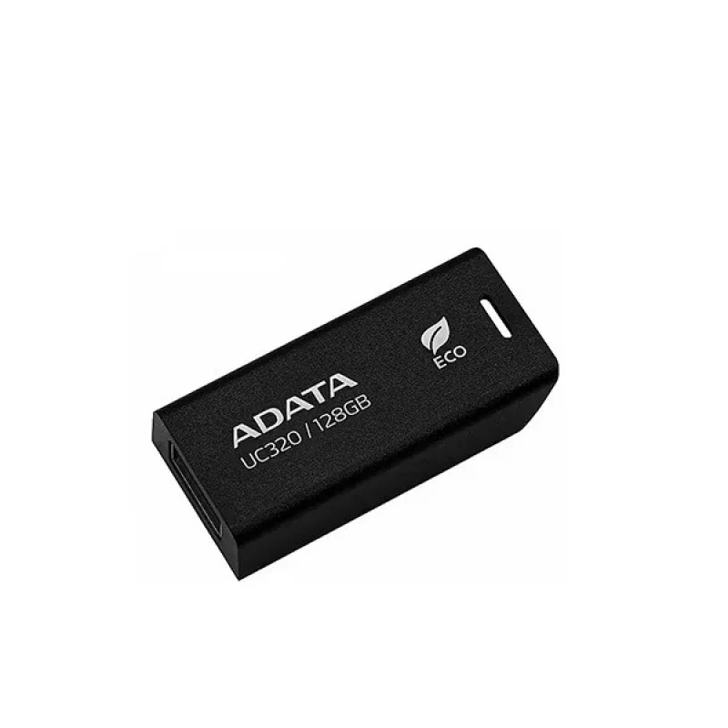 فلش مموری ای دیتا مدل UC320 ظرفیت 128 گیگابایت با رابط USB 3.2، مقاوم در برابر ضربه و طراحی کشویی، سازگار با سیستم‌عامل‌های ویندوز، مک و لینوکس، ساخته شده از پلاستیک بازیافتی
