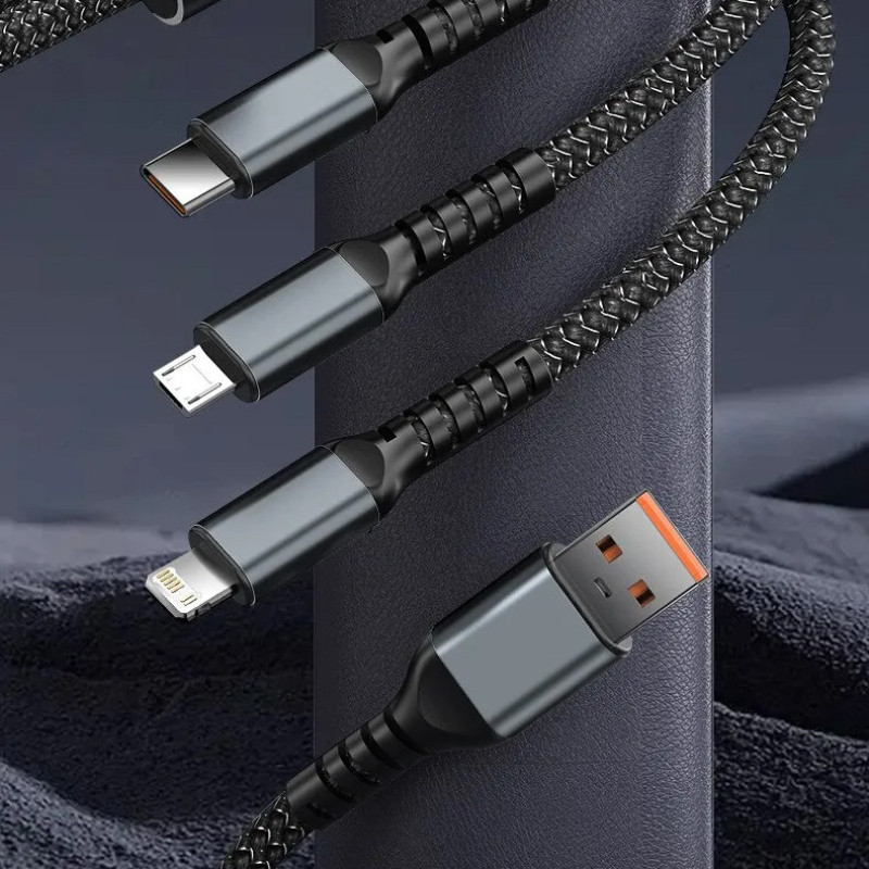 کابل تبدیل USB به microUSB  USB-C  لایتنینگ توزو مدل 3IN1 100W طول 1.2 متر