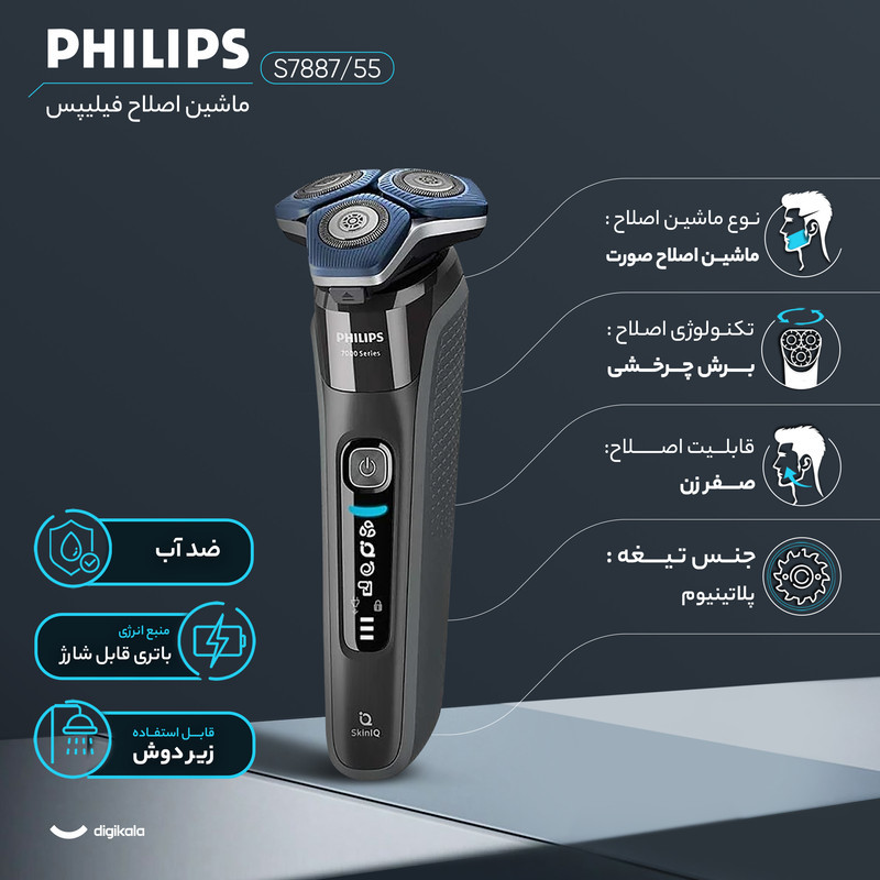 ماشین اصلاح موی صورت فیلیپس مدل S788755 با سه تیغه پلاتینیوم، اصلاح چرخشی با شماره صفر، باتری 1500mAh، شارژ سریع 5 دقیقه‌ای، نمایشگر دیجیتال و ضدآب مناسب استفاده زیر دوش