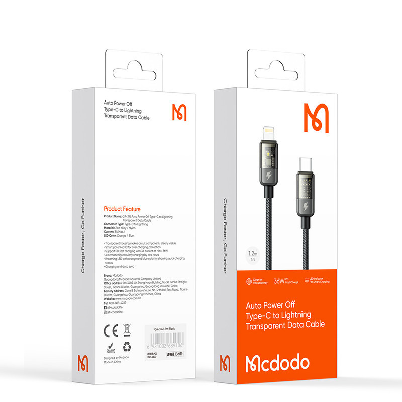 کابل USB-C به لایتنینگ مک دودو مدل Auto Power Off طول 1.2 متر