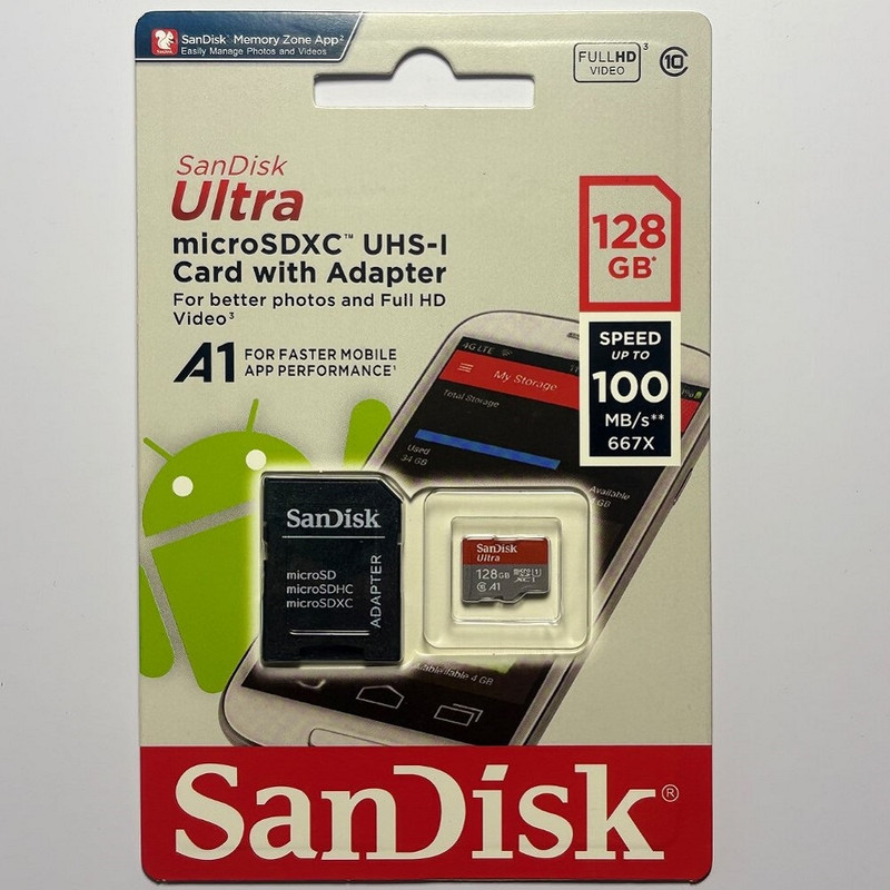 کارت حافظه microSDXC سن دیسک مدل Ultra A1 کلاس 10 استاندارد UHS-I سرعت 100MBps ظرفیت ۱۲۸ گیگابایت به همراه آداپتور SD