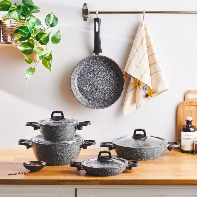 سرویس قابلمه وتابه بیوگرانیتی 9 پارچه کاراجا مدل Biogranit Grey Stone
