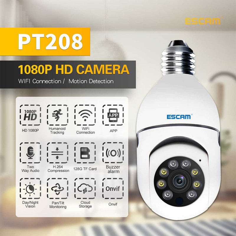 دوربین مداربسته تحت شبکه اسکم مدل PT208 با کیفیت تصویر 1080p، دید در شب تا 10 متر، اتصال بی‌سیم، چرخش افقی و عمودی و پشتیبانی از کارت حافظه TFcard