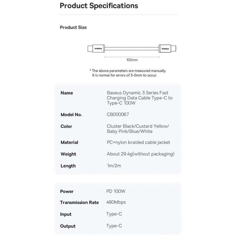 کابل تبدیل USB-C به USB-C بیسوس مدل Dynamic 3 Series 100W طول 2 متر