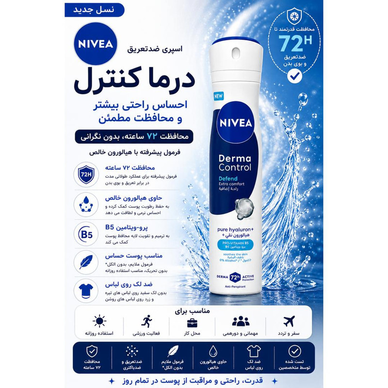 اسپری ضدتعریق نیوآ مدل 72H Derma Control Defend حجم 200 میلی‌لیتر