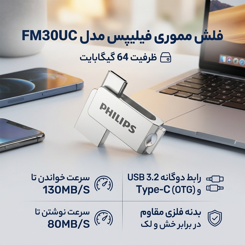 فلش مموری OTG فیلیپس مدل FM30UC ظرفیت 64 گیگابایت با رابط USB 3.2 و Type-C، سرعت خواندن 130 مگابایت بر ثانیه، سرعت نوشتن 80 مگابایت بر ثانیه، سازگار با ویندوز، مک و لینوکس، مقاوم در برابر خش و اثر انگشت