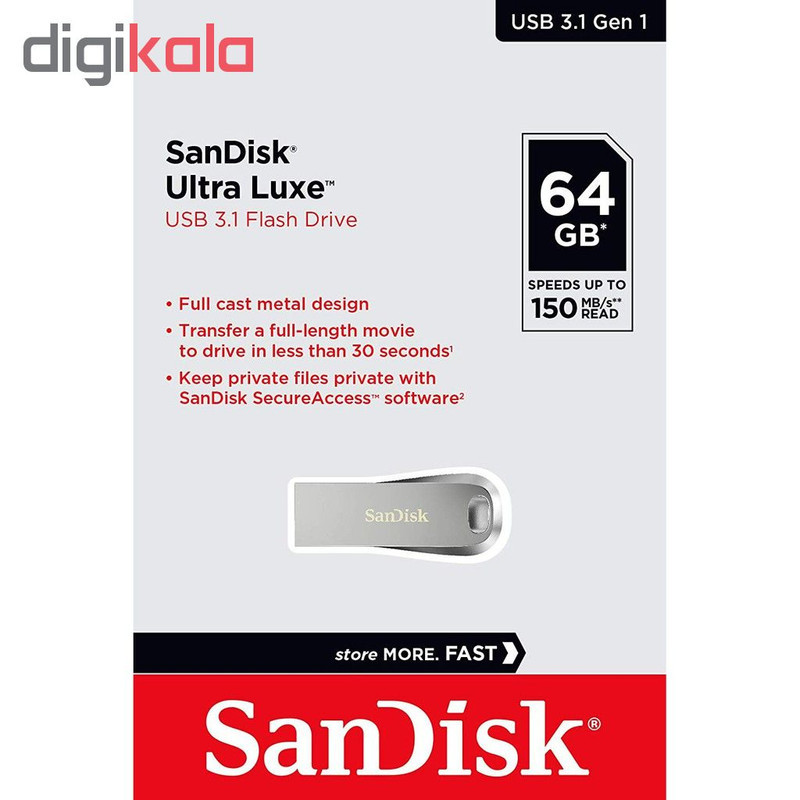 فلش مموری سن دیسک Ultra Luxe ظرفیت 64 گیگابایت با رابط USB 3.1 سرعت خواندن تا 150 مگابایت بر ثانیه، بدنه فلزی مقاوم، پشتیبانی از نرم‌افزار رمزگذاری اطلاعات