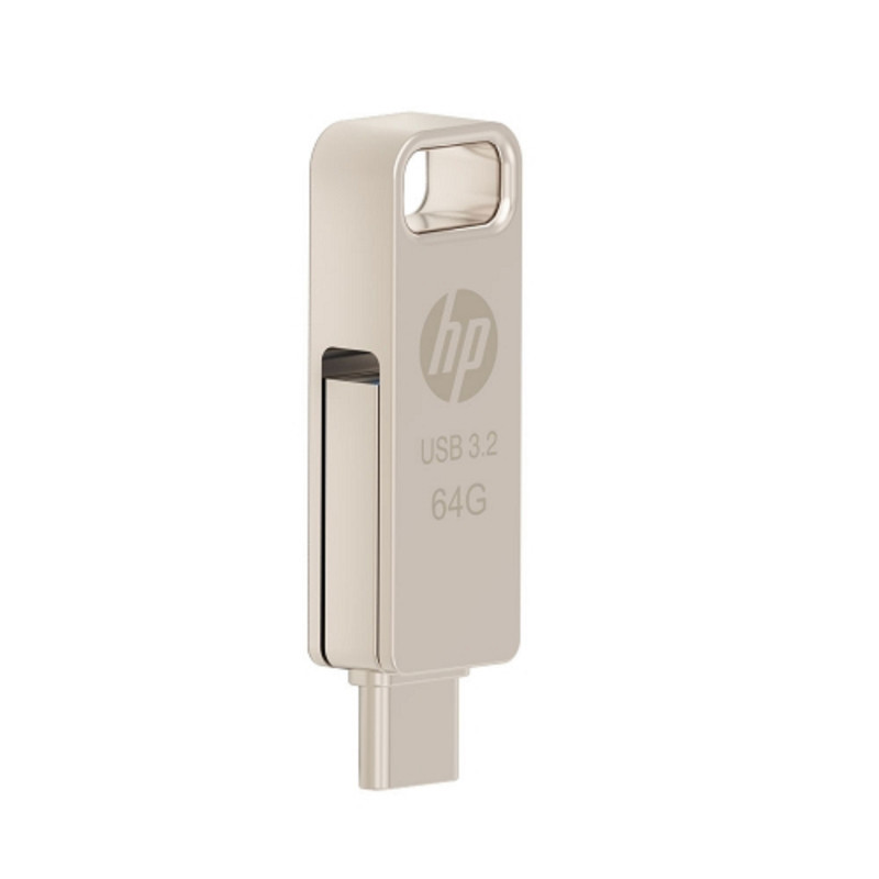 فلش مموری اچ‌پی مدل x206c ظرفیت 64 گیگابایت با طراحی چرخشی، بدنه فلزی، دو رابط USB Type-C و USB Type-A، سرعت انتقال تا 100 مگابایت بر ثانیه و سازگار با ویندوز و مک