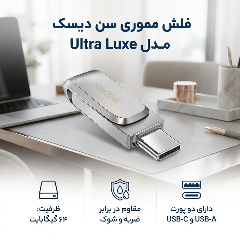 فلش مموری سن دیسک مدل اولترا ultra luxe ظرفیت 64 گیگابایت
