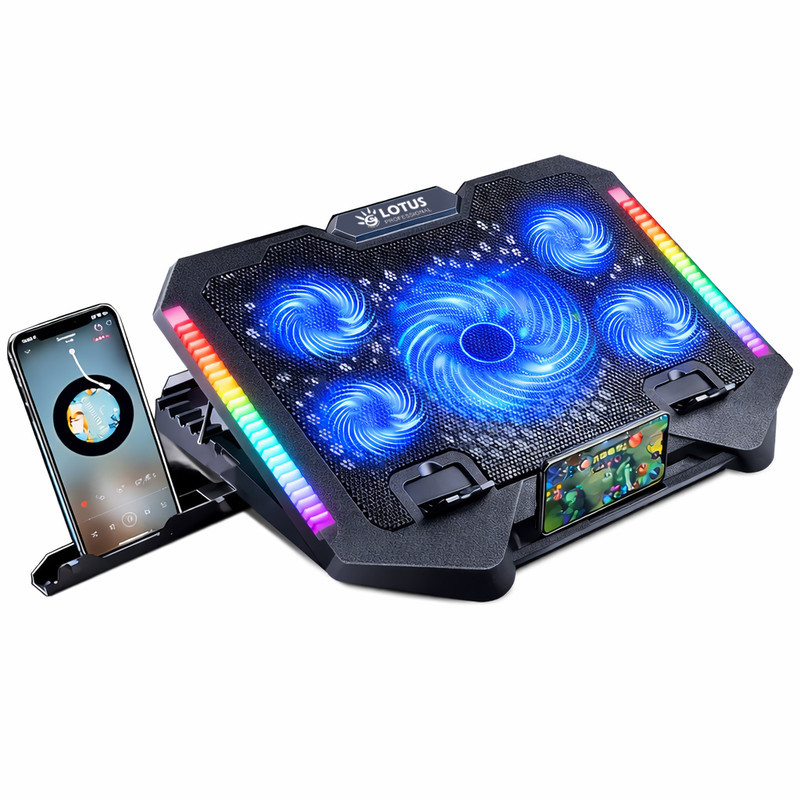 پایه خنک‌کننده لپ‌تاپ گیمینگ لوتوس مدل GF220-RGB دارای پنج عدد فن مناسب برای لپ تاپ‌های 14 تا 17 اینچی