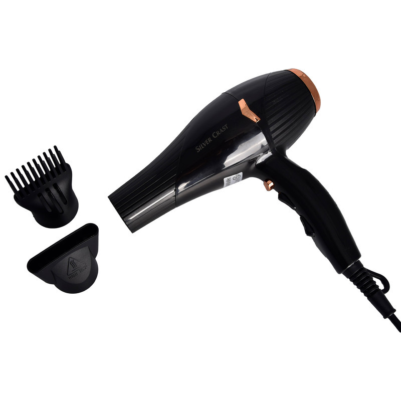سشوار خانگی 10000 وات سیلور کرست مدل SC-1001، موتور AC، وزن 565 گرم، دارای سری متمرکز‌کننده باریک، سری شانه‌دار با ویژگی صاف‌کنندگی، حجم‌دهندگی، با قابلیت تنظیم دما