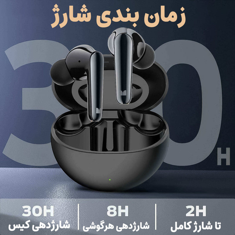 هدفون بلوتوثی مانستر مدل V8 دارای نویز کنلسینگ فعال (ANC) و نویز کنسلینگ بدنه (ENC)، درگاه شارژ USB-C، دارای نمایشگر روی محفظه شارژ