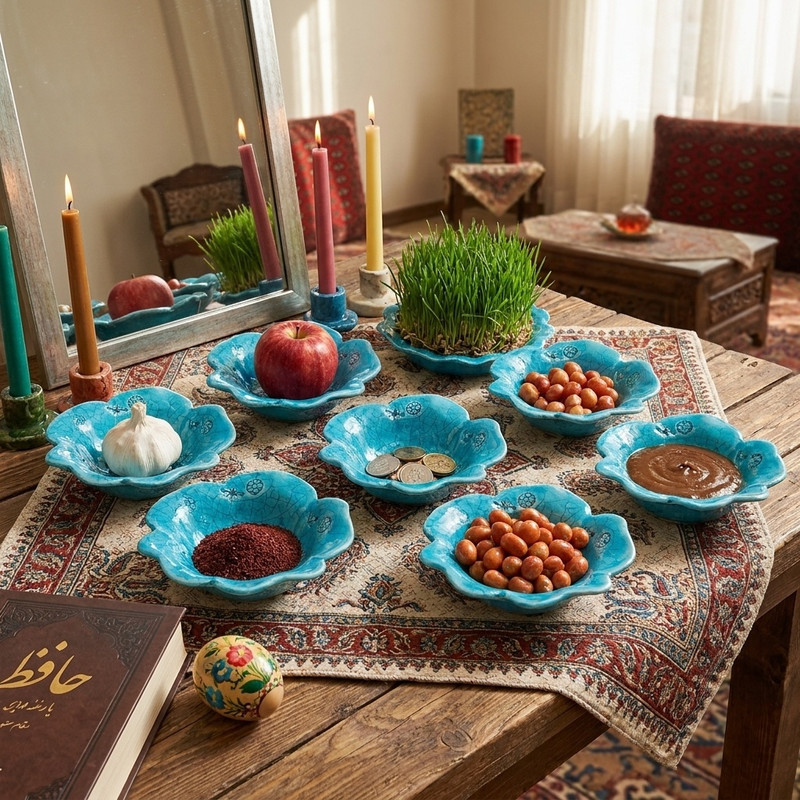 مجموعه ظروف هفت سین 7 پارچه مدل فیروزه ای