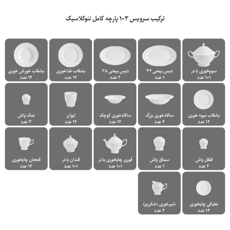 سرویس 103 پارچه غذاخوری چینی زرین ایران سری نئوکلاسیک طرح دلسا درجه یک