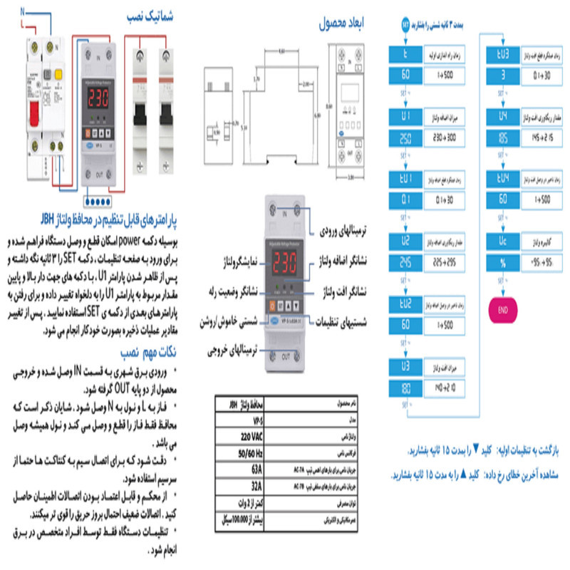 محافظ ولتاژ تک فاز دیجیتال جی بی اچ کد JBHVP-S1PH63A